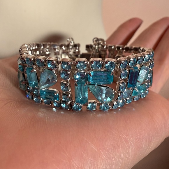 Antique Jewelry - Antique 1930’s 40’s art deco pale blue Czecho Glass Wide silver Bracelet